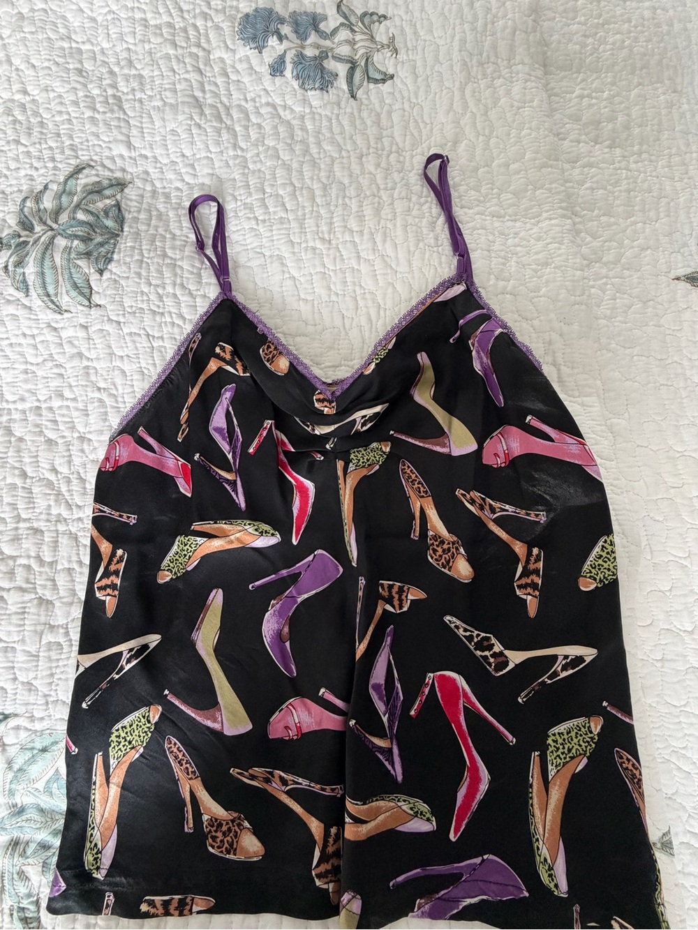 Silk-Look Black Cami Top with Colorful Shoe Print